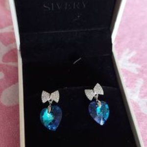 NWT BLUE HEART BOW EARRINGS CRYSTALS BY SWAROVSKI